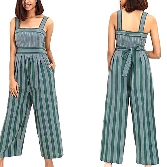 ANTHROPOLOGIE Payal Pratap Cha Cha Green Stripe Linen Wide Leg Crop Jumpsuit - Picture 2 of 14